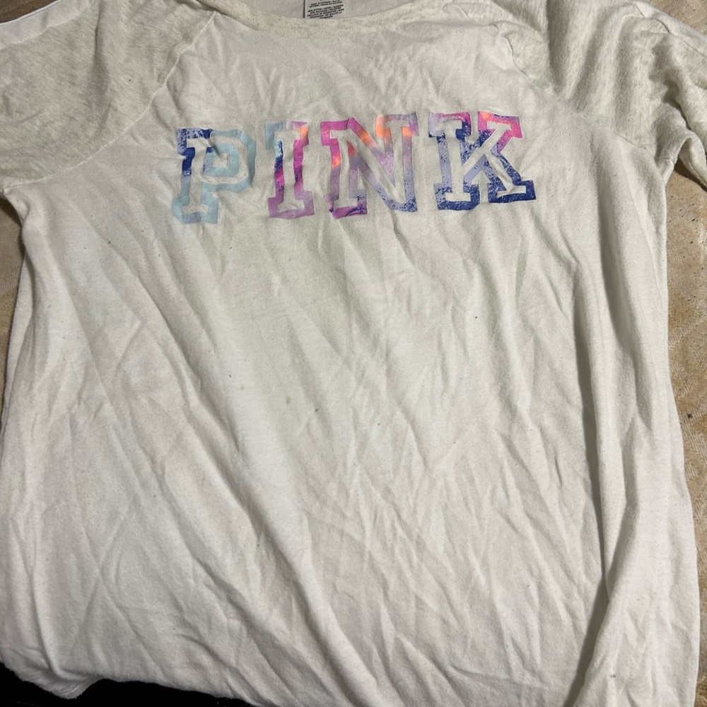 PINK Victoria's Secret White Tee with Multicolor Logo